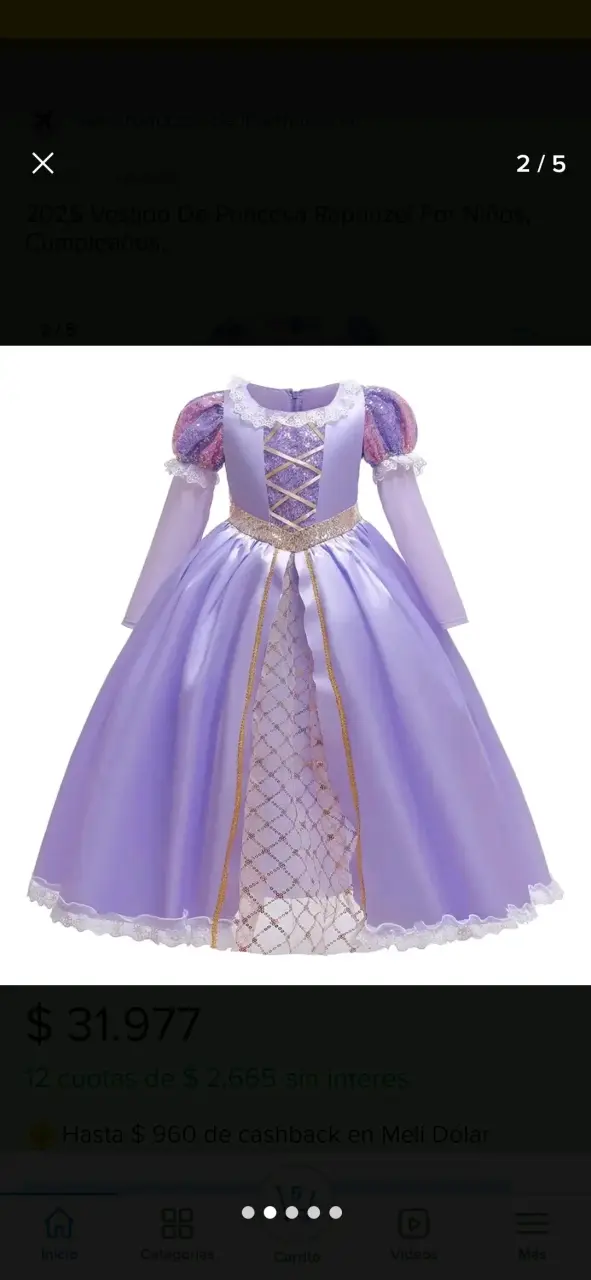 Vestido de princesa Rapunzel para niñas color lila