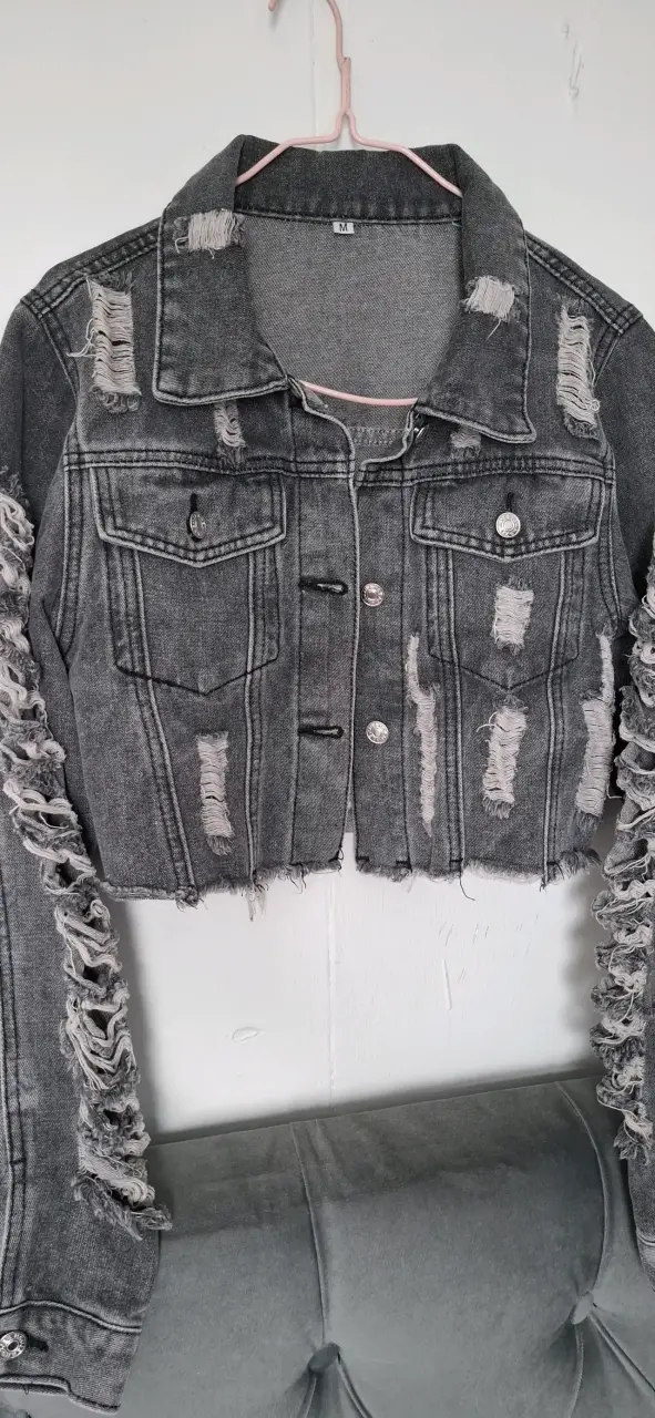 Chaqueta de mezclilla gris desgastada para mujer - 3