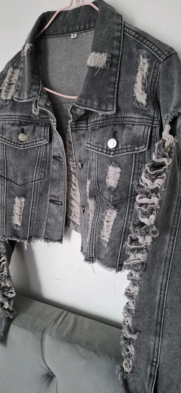 Chaqueta de mezclilla gris desgastada para mujer - 5