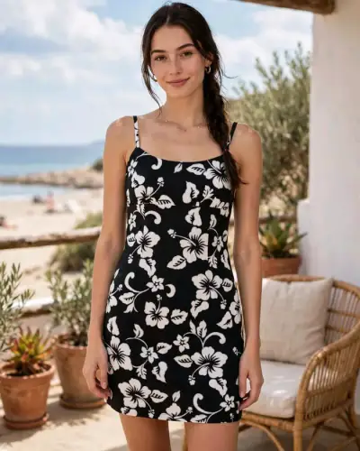 Vestido corto floral negro y blanco - miniatura 1