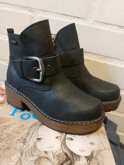 Botines de cuero negro Poême con hebilla - miniatura 1