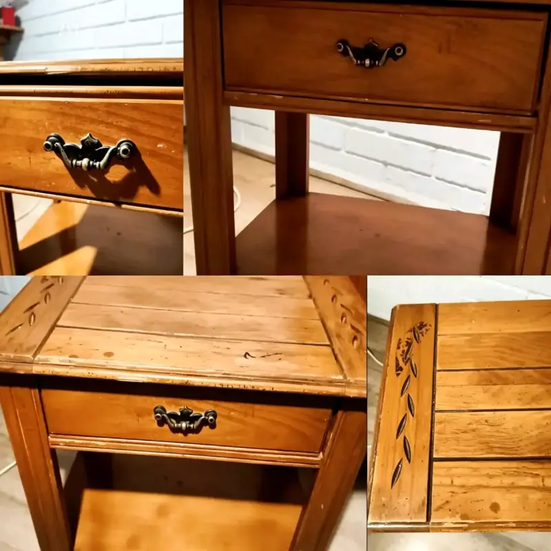 Mesa de noche de madera con cajón decorativo