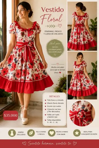 Vestido floral rojo con diseño exclusivo + pañuelo - miniatura 2