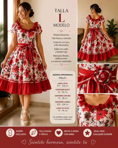 Vestido floral rojo con diseño exclusivo + pañuelo - miniatura 3