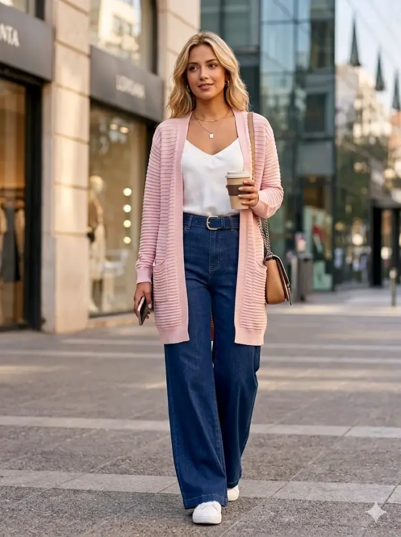 Talla 40/ Cárdigan largo de punto rosa para mujer