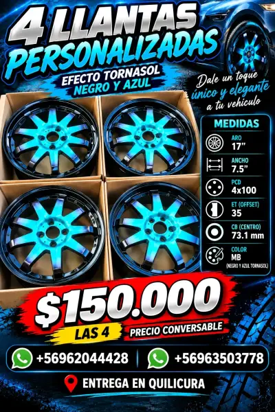 4 LLANTAS ARO 17 – 4x100 – TORNASOL AZUL/NEGRO – - miniatura 1