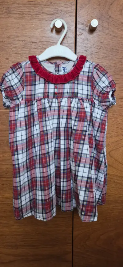 Vestido infantil a cuadros rojo y blanco 3 años - miniatura 2
