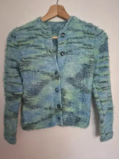 Chaleco de lana tejido a mano azul y verde - miniatura 2