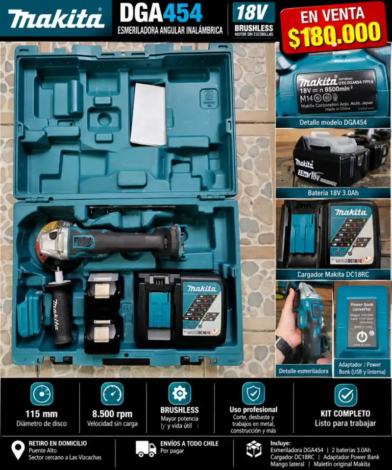 Esmeriladora Angular Inalámbrica Makita DGA454 18V - 1