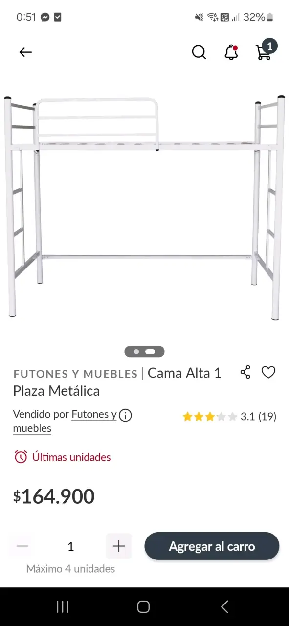 Cama Alta 1 Plaza Metálica Blanca