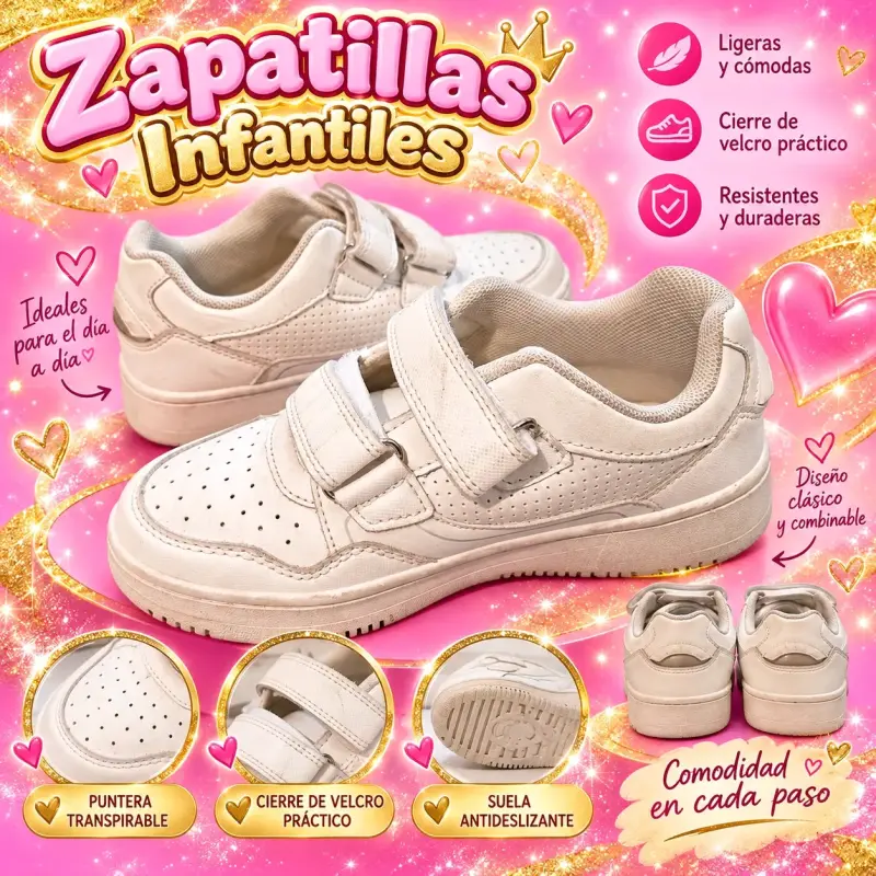 Zapatillas infantiles blancas con velcro, talla 32