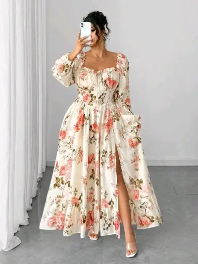Vestido largo floral con mangas largas - miniatura 1