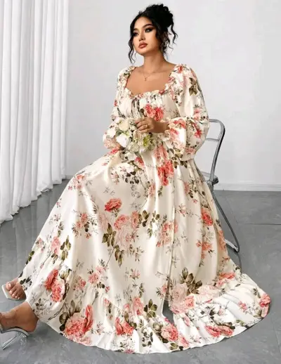 Vestido largo floral con mangas largas - miniatura 3
