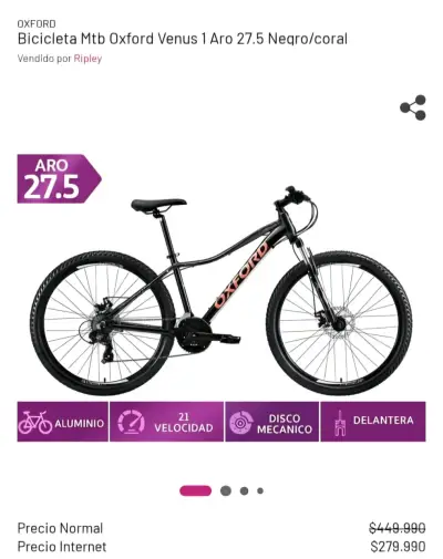Bicicleta MTB Oxford Venus 1 Aro 27.5 Negro Coral - miniatura 3
