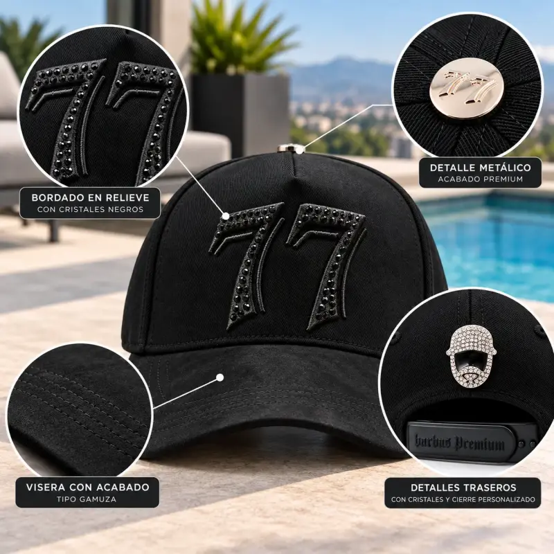 Gorra negra con bordado 77 y cristales - 1