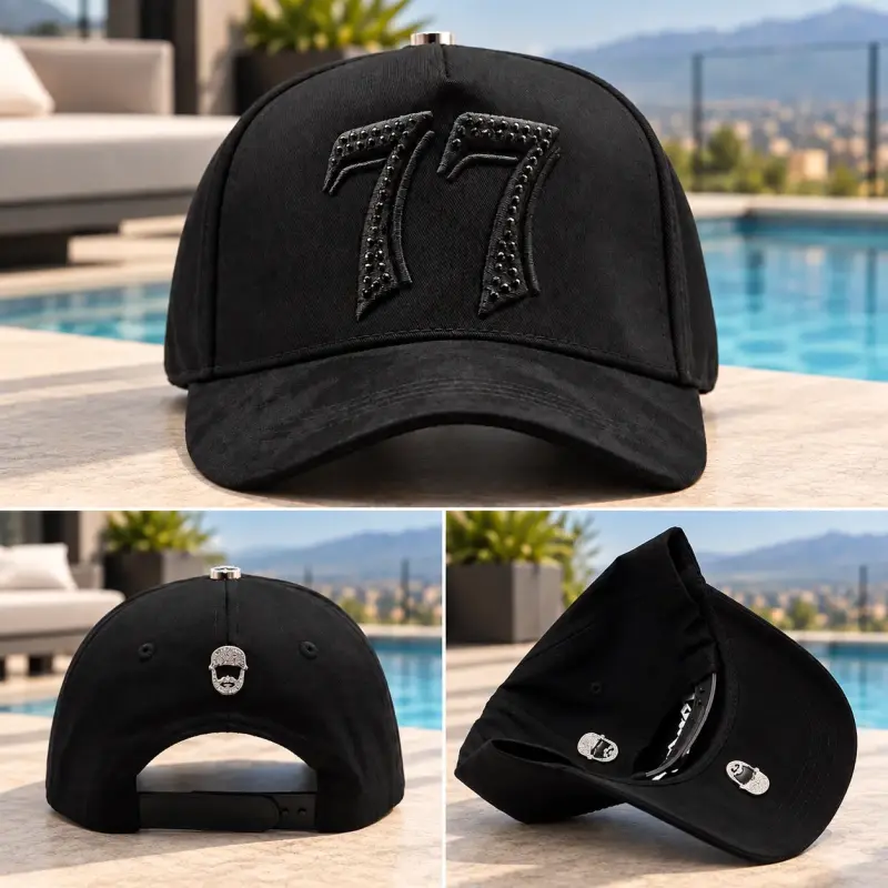 Gorra negra con bordado 77 y cristales - 2