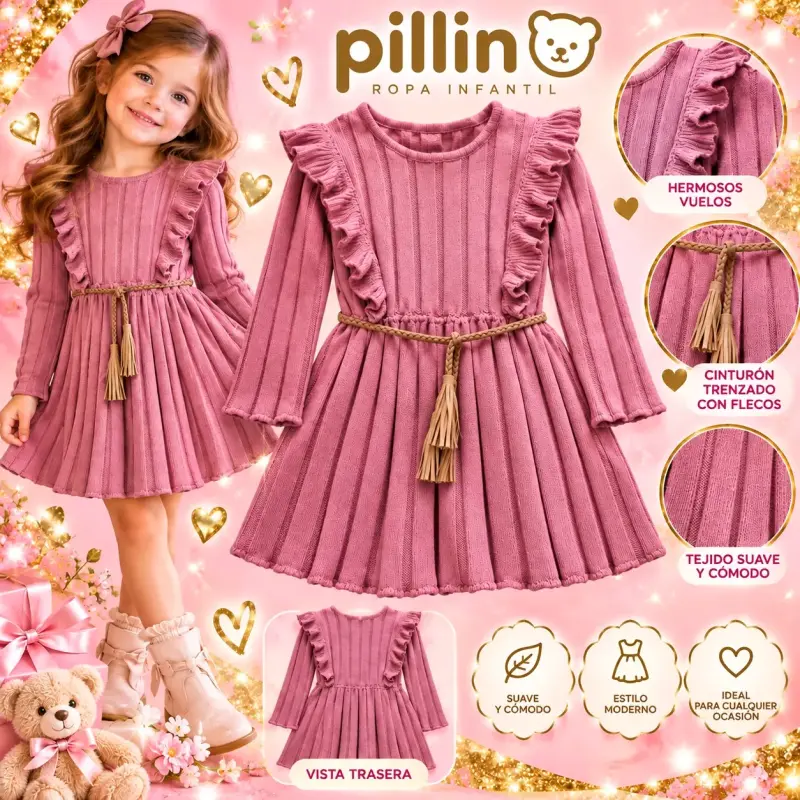 Vestido infantil rosa con vuelos Pillin