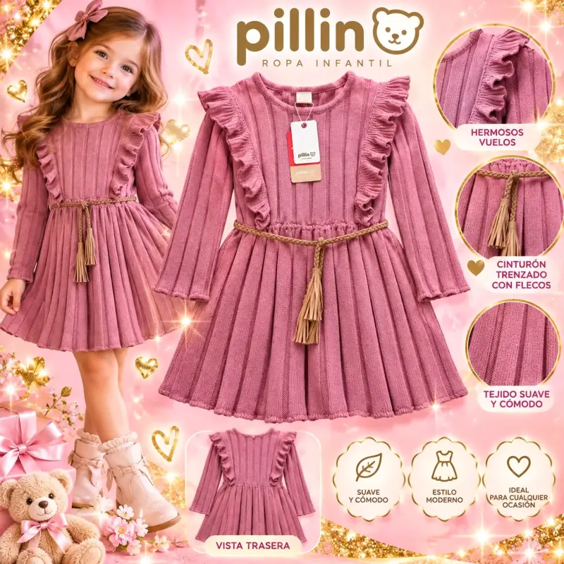 Vestido infantil rosa con vuelos Pillin - 2