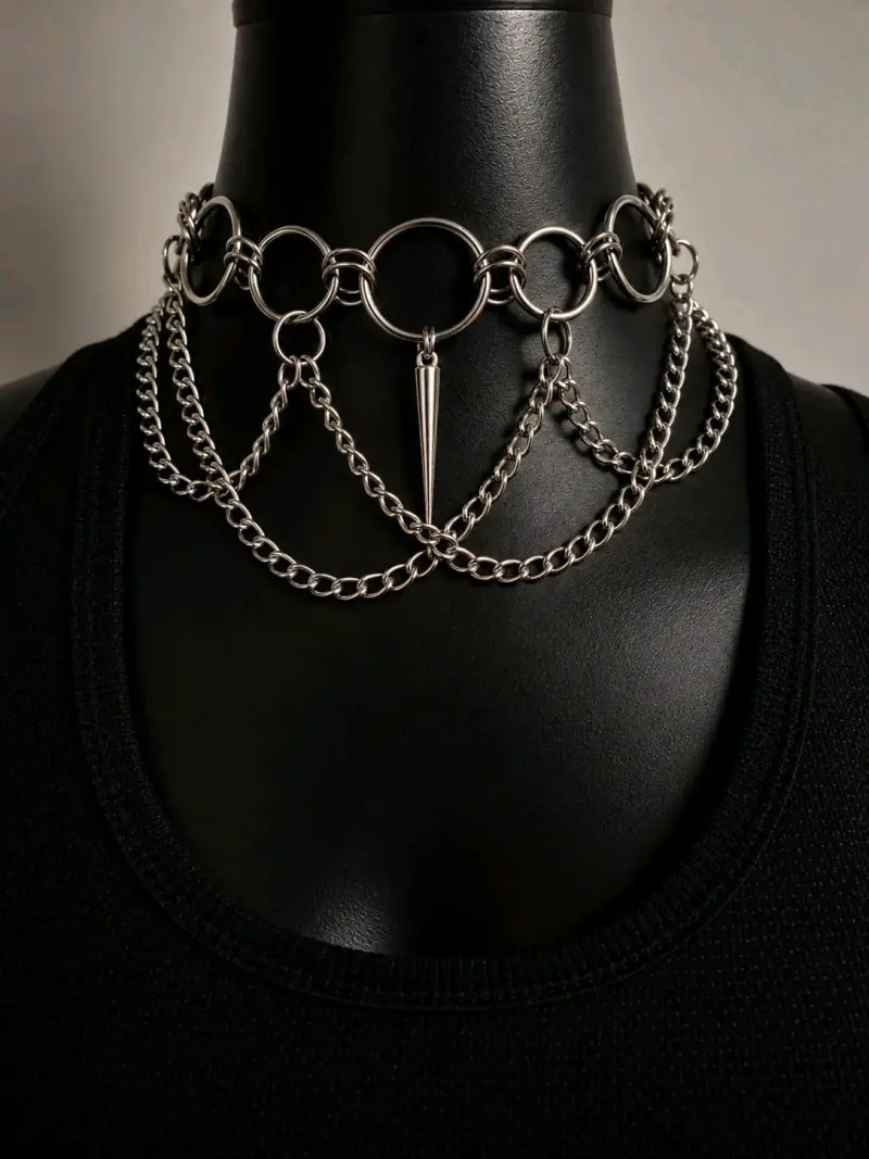 Collar de cadena con aros y pinchos estilo punk - 1