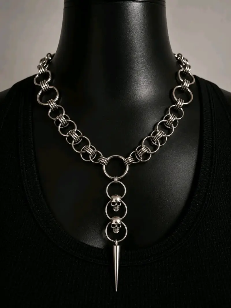 Collar de cadena con aros y pinchos estilo punk - 2