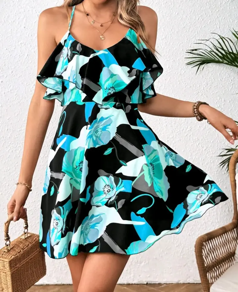 Vestido corto floral con tirantes ajustables - 1