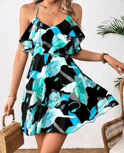 Vestido corto floral con tirantes ajustables - miniatura 1