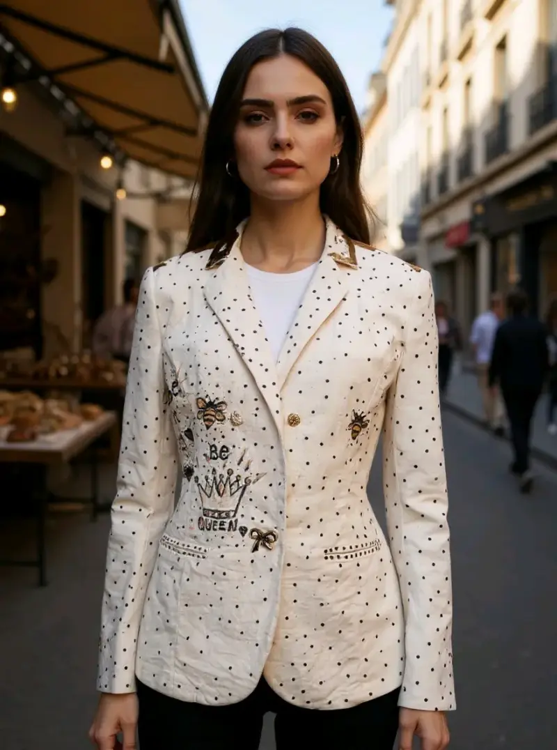Blazer marfil con diseño de abejas y texto.