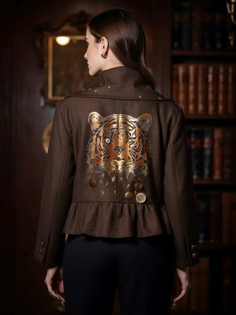 Chaqueta de Mujer Marrón con Estrellas y Tigre - 2