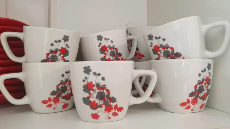 Juego de tazas con platos rojos y diseño floral - 3