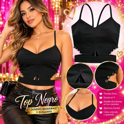 Top negro con tirantes cruzados y detalles metálicos - miniatura 1