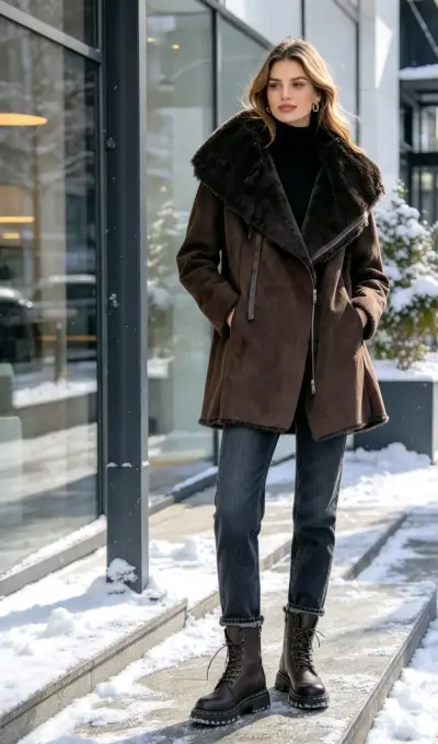 Abrigo de mujer marrón con cuello de piel Zara - miniatura 1