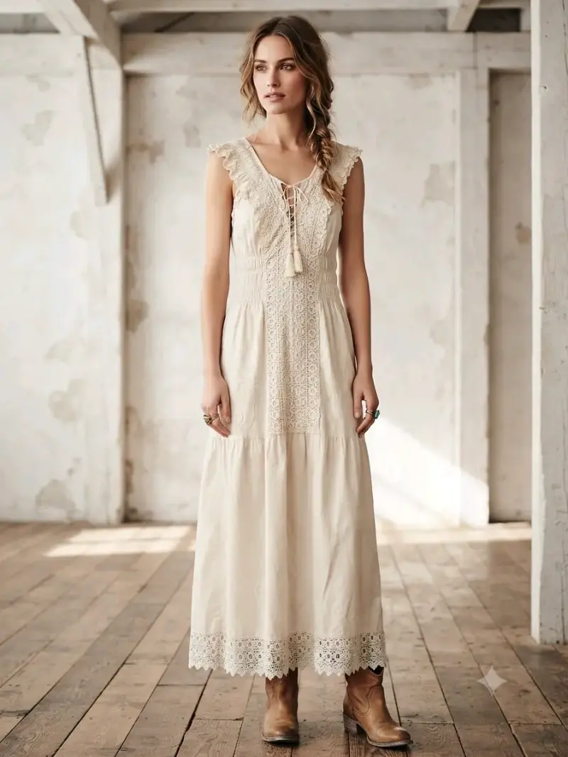 Vestido largo bohemio beige con encaje