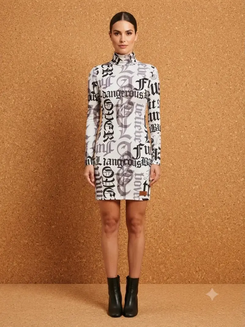 Vestido corto estampado letras blanco y negro