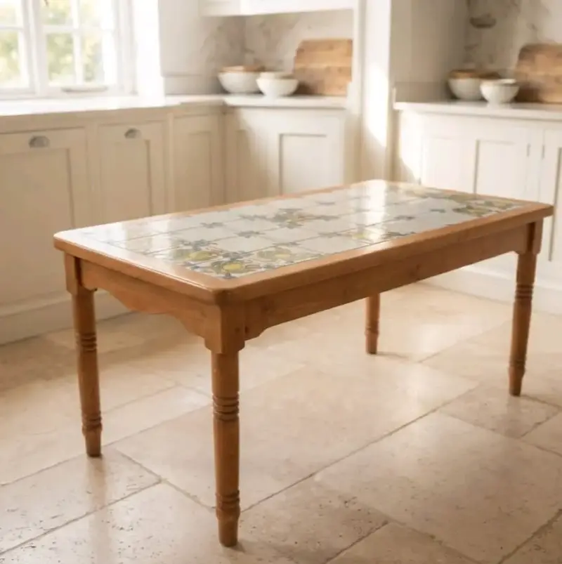 Mesa de comedor de madera con azulejos decorativos - 1