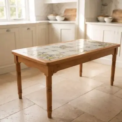 Mesa de comedor de madera con azulejos decorativos - miniatura 1