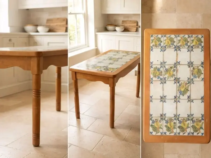 Mesa de comedor de madera con azulejos decorativos - 2