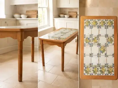 Mesa de comedor de madera con azulejos decorativos - miniatura 2
