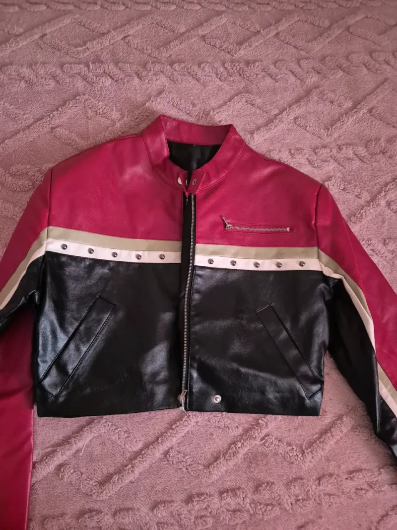 Chaqueta corta de cuero rojo y negro para mujer - 4