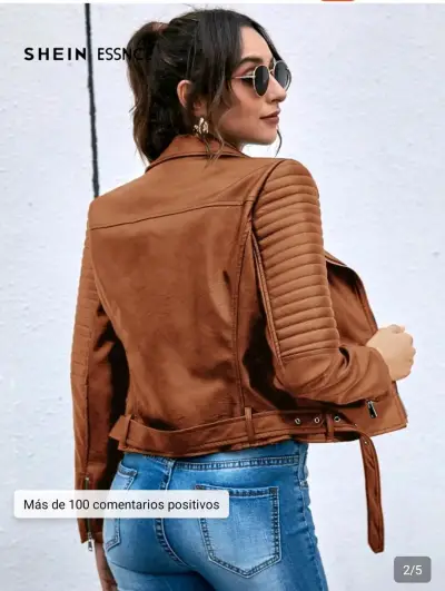 Chaqueta de cuero sintético marrón para mujer - miniatura 1