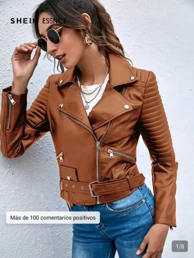 Chaqueta de cuero sintético marrón para mujer - miniatura 2