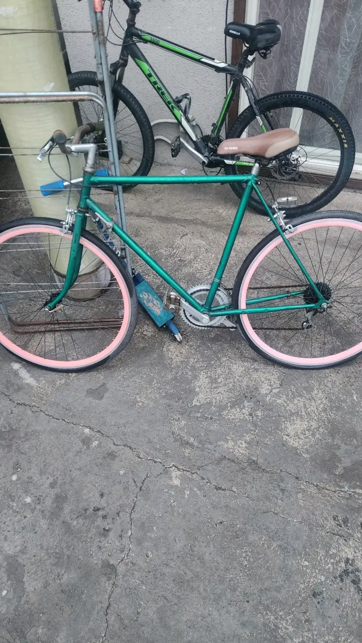 Bicicleta urbana verde con llantas rosadas