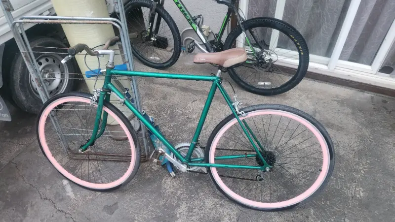 Bicicleta urbana verde con llantas rosadas - 2