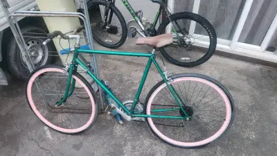 Bicicleta urbana verde con llantas rosadas - miniatura 2
