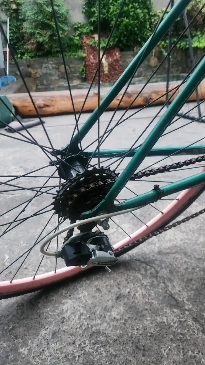 Bicicleta urbana verde con llantas rosadas - 3