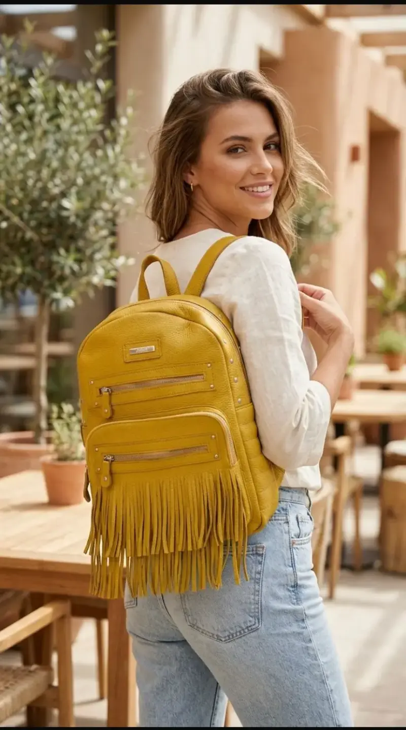 Mochila amarilla con flecos de cuero