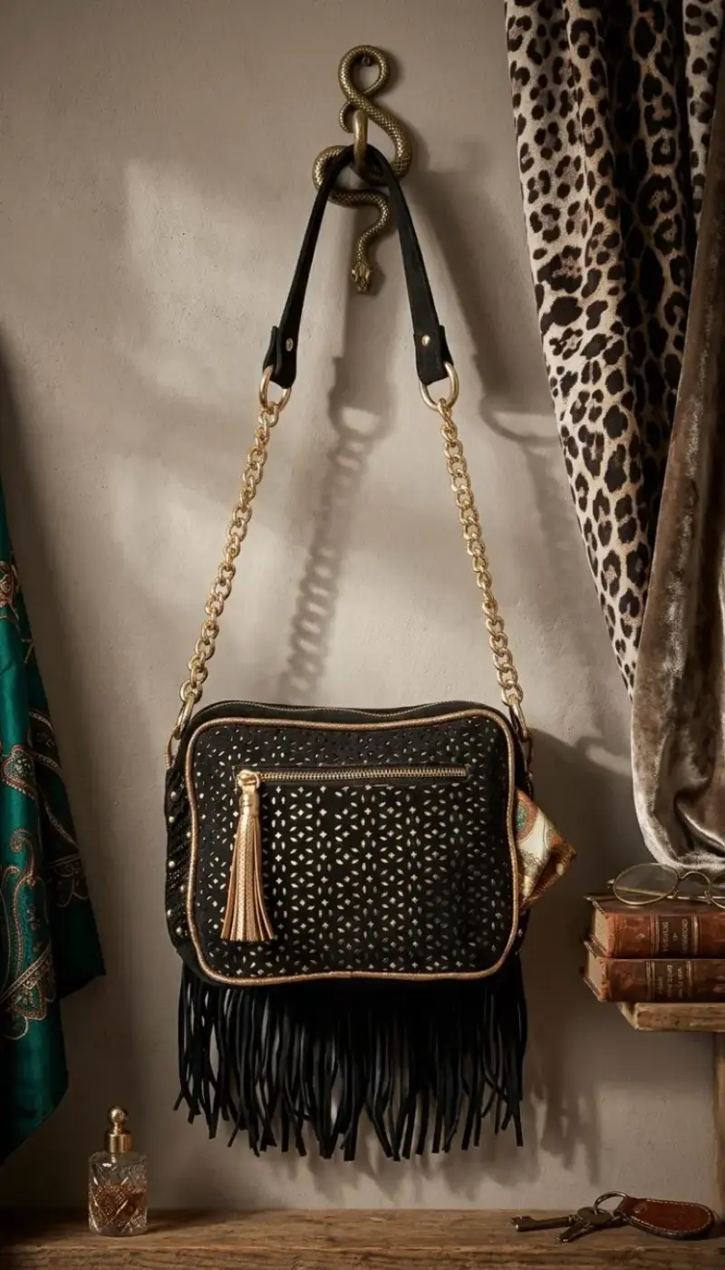 Cartera negra con flecos y cadena dorada