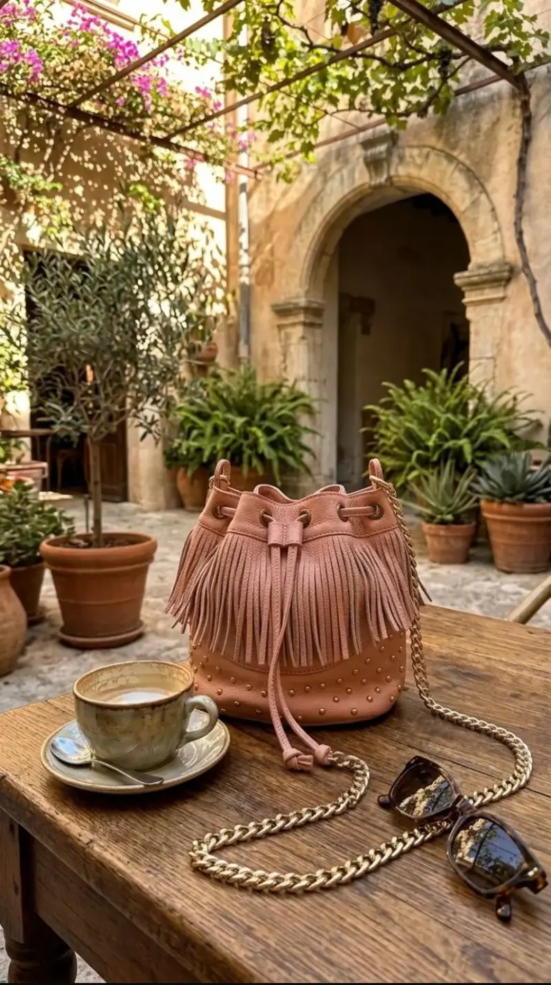 Bolso de cuero con flecos rosado