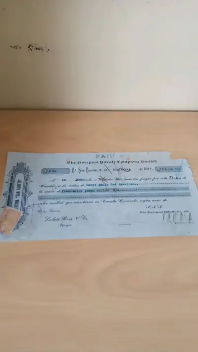 Cheque Antiguo Liverpool Nitrate Company 1917 - miniatura 1
