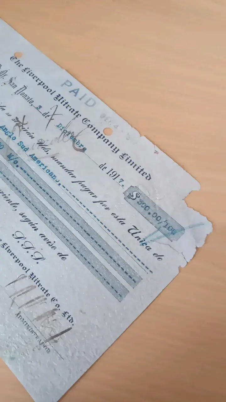 Cheque Antiguo Liverpool Nitrate Company 1917 - 2
