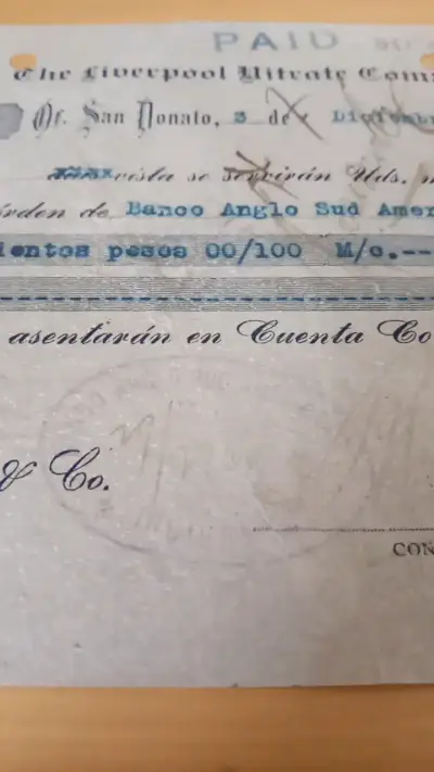 Cheque Antiguo Liverpool Nitrate Company 1917 - miniatura 4